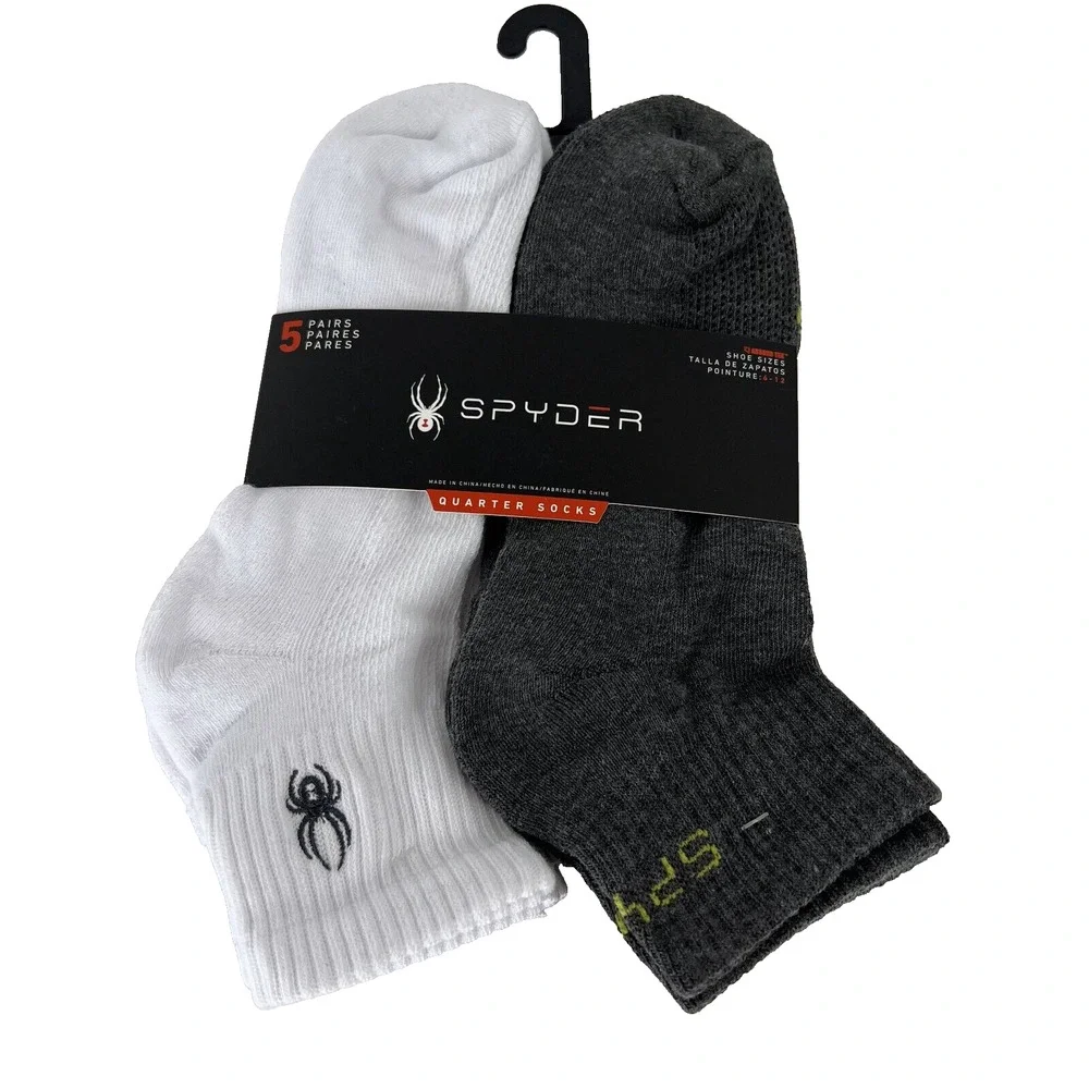 NEW Spyder Men Mesh Quarter Socks 5 Pairs White Black Shoe Size 6 -12 Absorb Tek